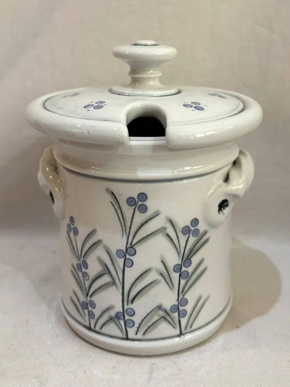 Hand Crafted Pottery Lidded Jam Condiment Jar Hand Painted Blue Berry Stamped